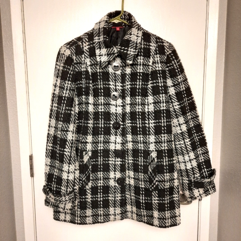 WoolStreet - Wool Blend Pea Coat - Black & White Plaid - Size 38